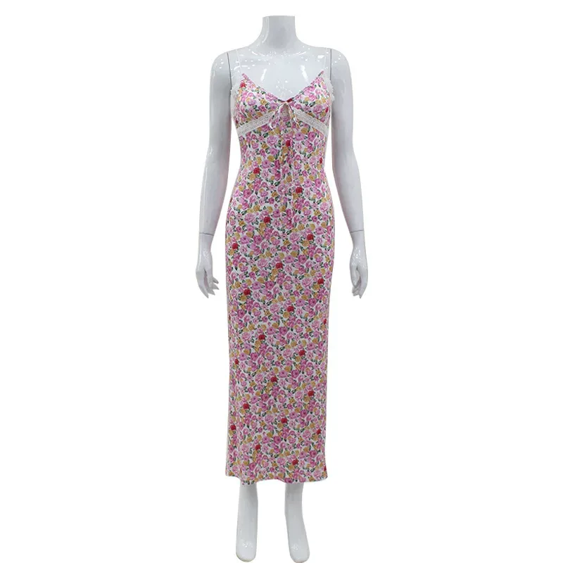 Summer Floral Print Slip Dress for Women Lace Panel Sweet and Sexy Style Perfect for Casual Outi