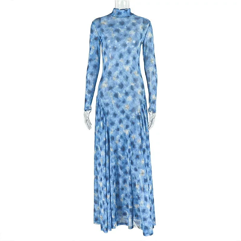 Elegant A Line Maxi Dress for Women Waist Defining Sheer Floral Print High Neck Slim Fit Perfect