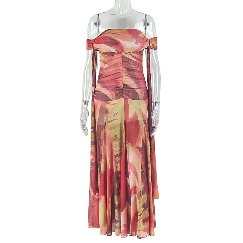 Summer Floral Print Bodycon Dress Breathable Sleeveless Ruched Asymmetrical Neckline Casual or P