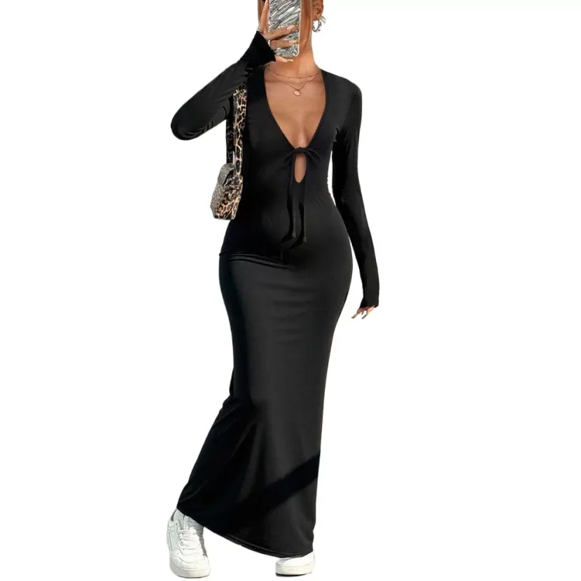 Elegant Black V Neck Maxi Dress Chic Design Spring Summer Style Perfect for Parties Wholesale Av