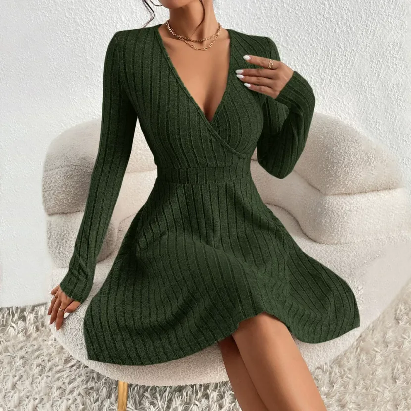 Womens Long Sleeve V Neck Dress Slim Fit Soft Corduroy Fabric Elegant Design Perfect for Parties