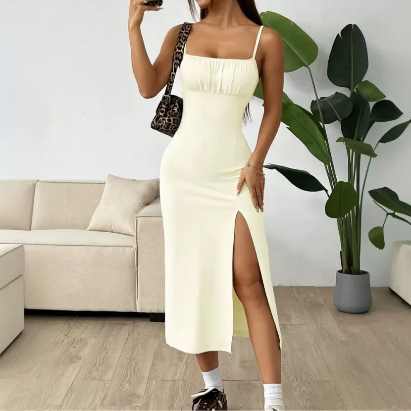 Womens Casual High Waisted Split Midi Dress Simple Design Adjustable Straps Slim Fit Spring Summ