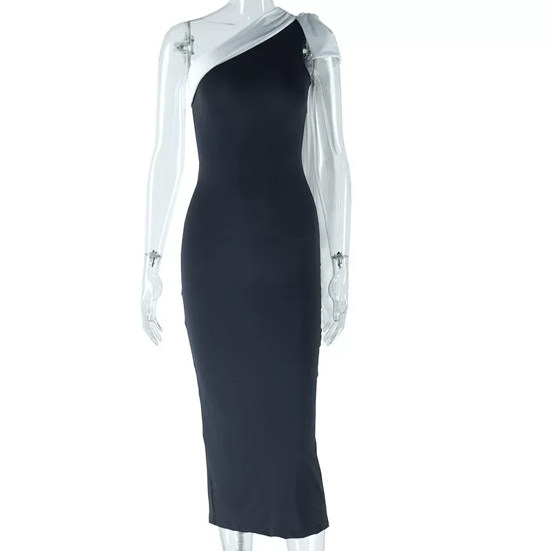 Elegant Womens Color Block Bodycon Dress Sleeveless Asymmetrical Shoulder Flowing Ribbons Perfec