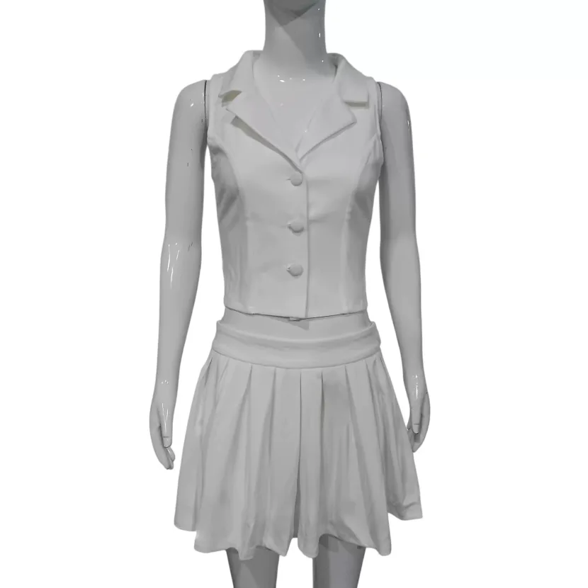 Summer Womens Suit Set Sleeveless Blazer with Lapel High Waisted Pleated Skirt Fashionable for C