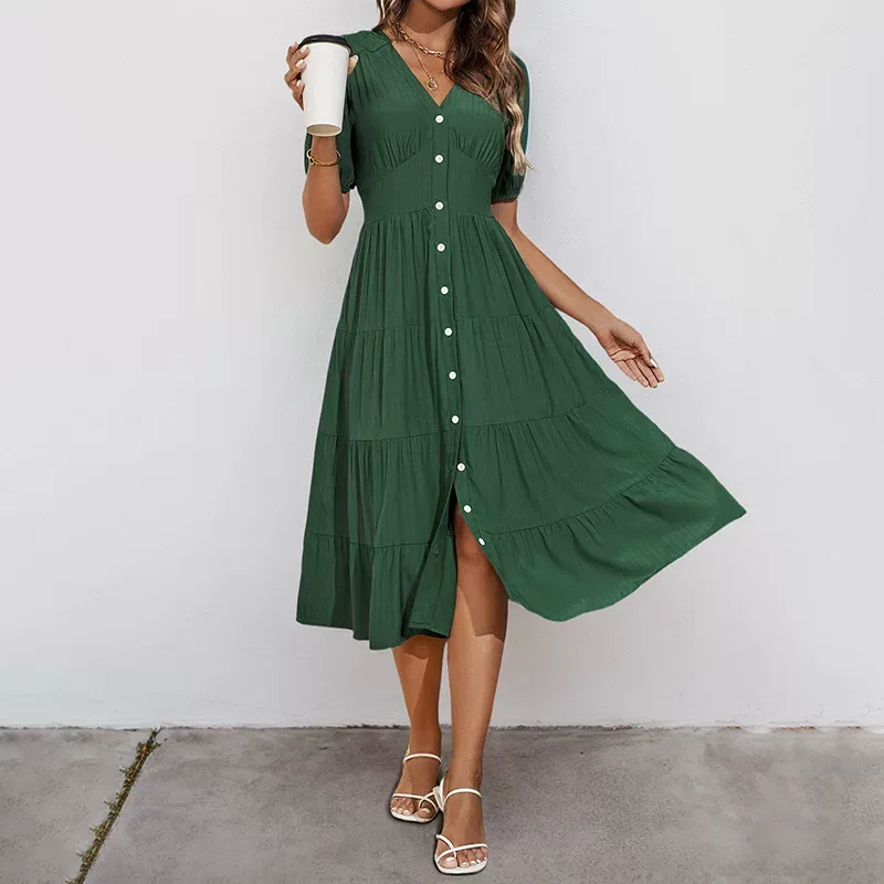 Summer Midi Dress Elegant Draped Design Solid Color Pleated Detail Perfect for Casual Outings or