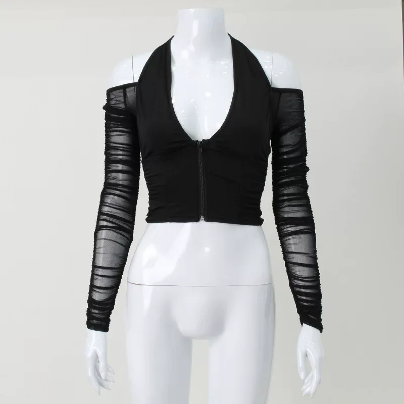Sexy Deep V Neck Halter Top Sheer Mesh Panel Off Shoulder Long Sleeve Slim Fit Night Out Party W