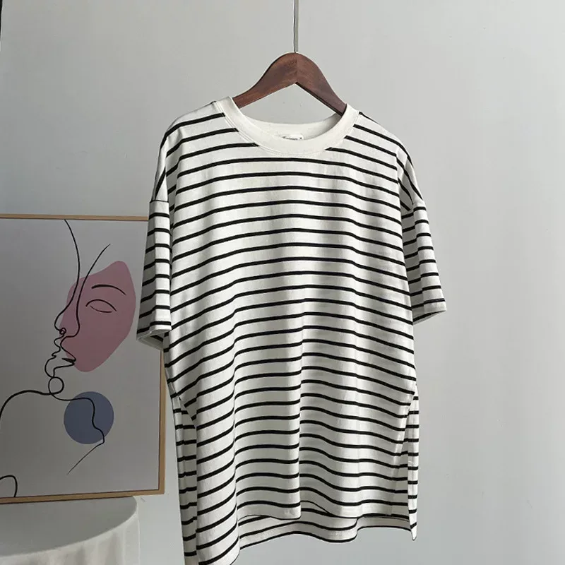 Striped Split Hem T Shirt for Women Loose Fit Short Sleeve Summer Style Casual Wear Wholesale Av