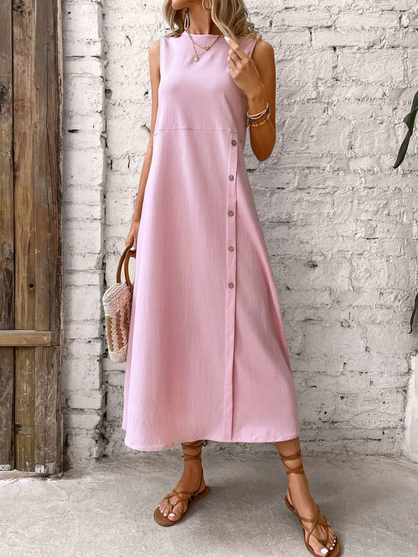Loose Fit Sleeveless Round Neck Dress Solid Color Straight Cut Comfortable Fabric Casual Summer