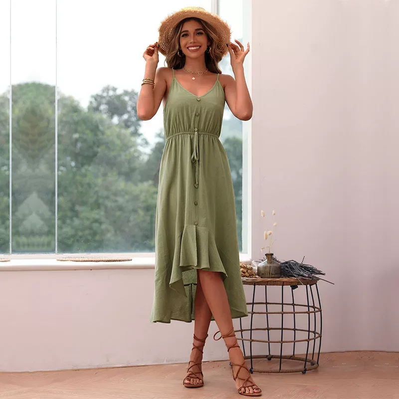Casual Summer Dress Solid Color Irregular Hem Sleeveless Vacation Resort Wear Wholesale Availabl