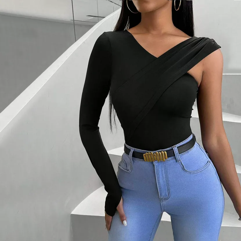 Womens V Neck Long Sleeve T Shirt Slim Fit Asymmetrical Design Lightweight Fabric Spring Summer