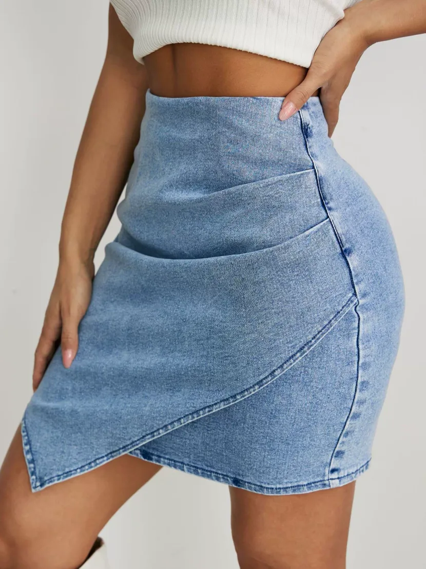 High Waisted Ruffled Asymmetrical Denim Skirt Womens Fashion Comfortable Fit Versatile Style Who