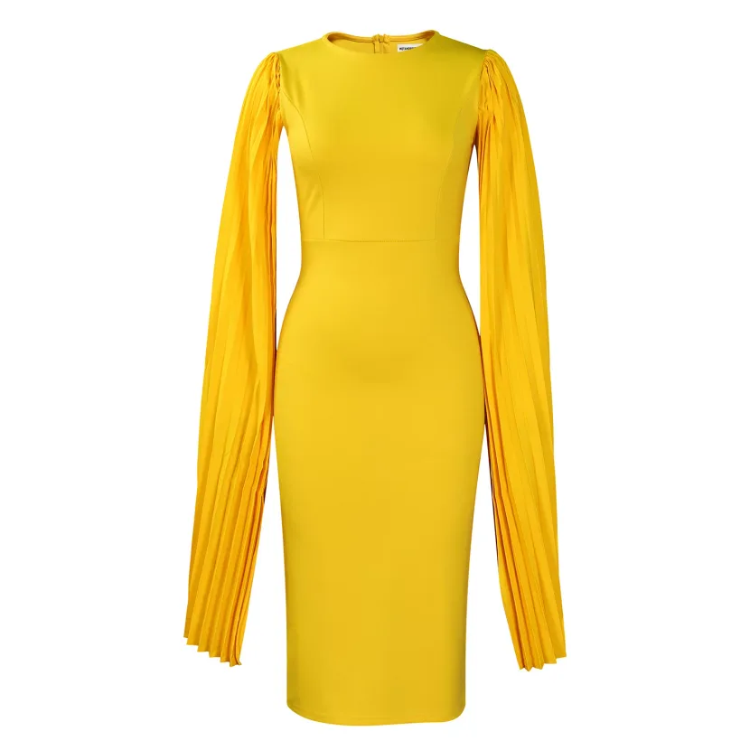 Elegant Womens Evening Dress Solid Color Round Neck Pleated Cape Perfect for Parties and Formal