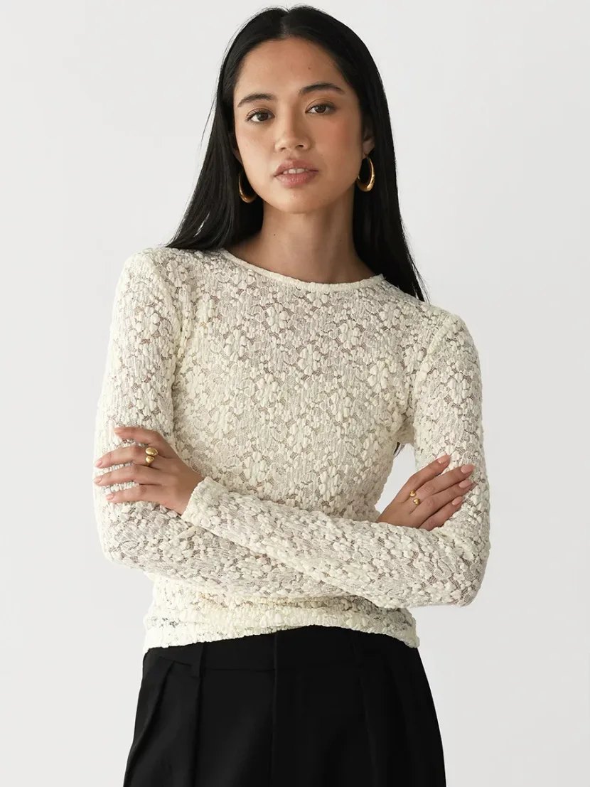 Lace Hollow Out Top Pearl Button Split Design Fitted Bell Sleeve Elegant Casual Wear for Women W