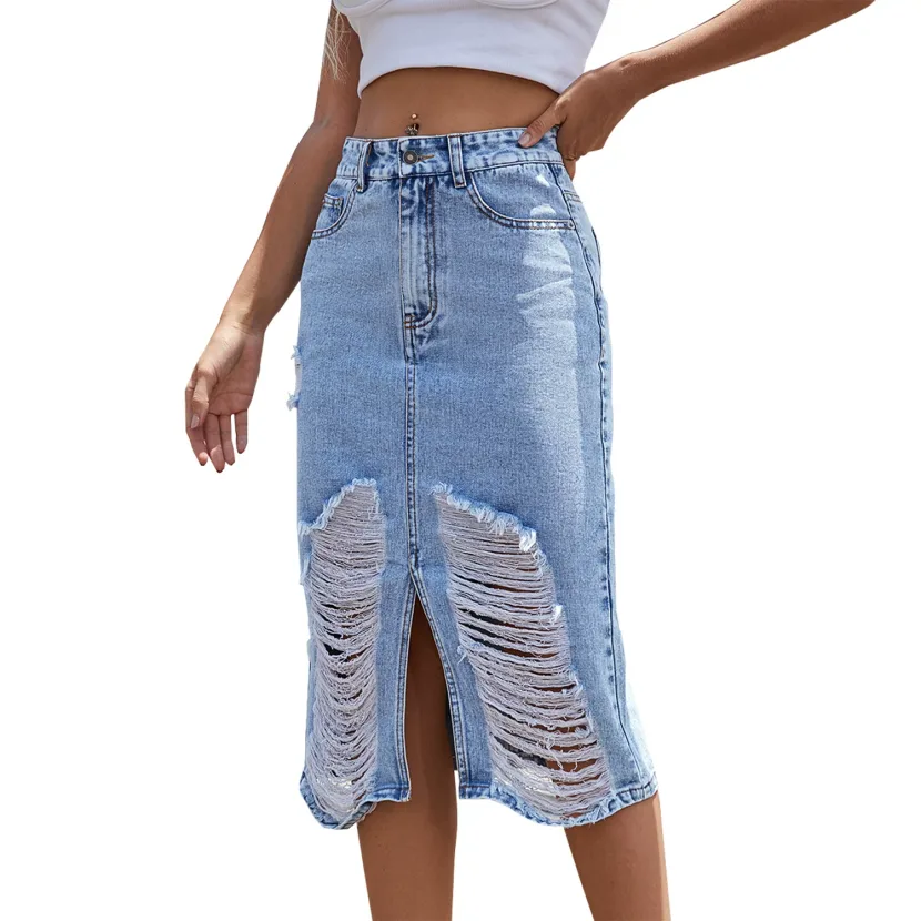 High Waisted Distressed Denim Skirt Vintage Style Slim Fit Unique Design Casual Wear Summer Fash