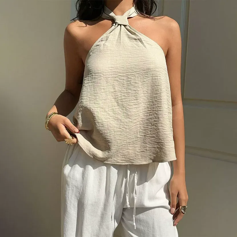 Summer Womens Halter Neck Tank Top French Vintage Style Loose Fit Backless Design Casual Wear Wh