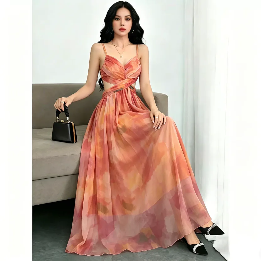 Orange Floral Print Maxi Dress Elegant Sleeveless Design Perfect for Beach Vacations Wholesale A