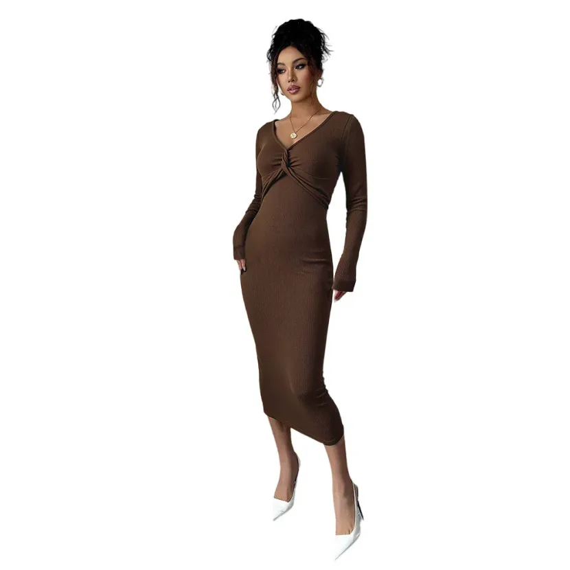 Brown V Neck Midi Dress for Women Twist Front Design Slim Fit Three Quarter Sleeves Spring and A