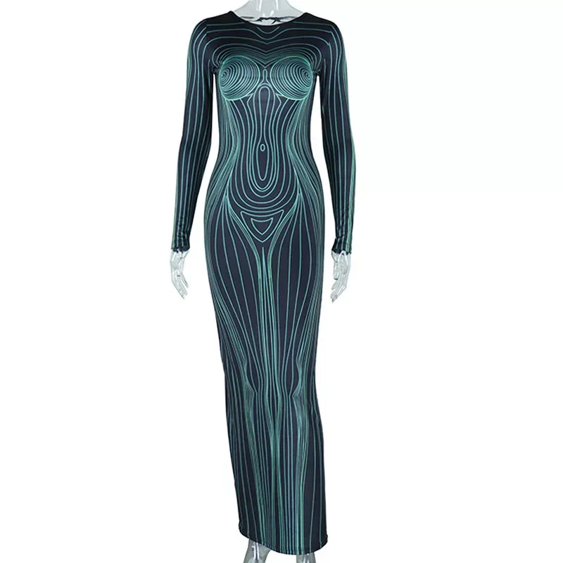 Spring Summer Womens Dress Fashionable Floral Print Sexy Backless Hollow Out Long Sleeve Bodycon