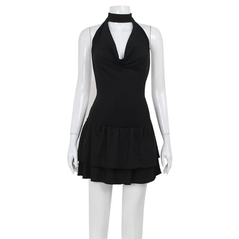 Backless Halter Neck Dress Sexy Low Cut Ruffle Hem Elegant Solid Color for Parties and Events Wh