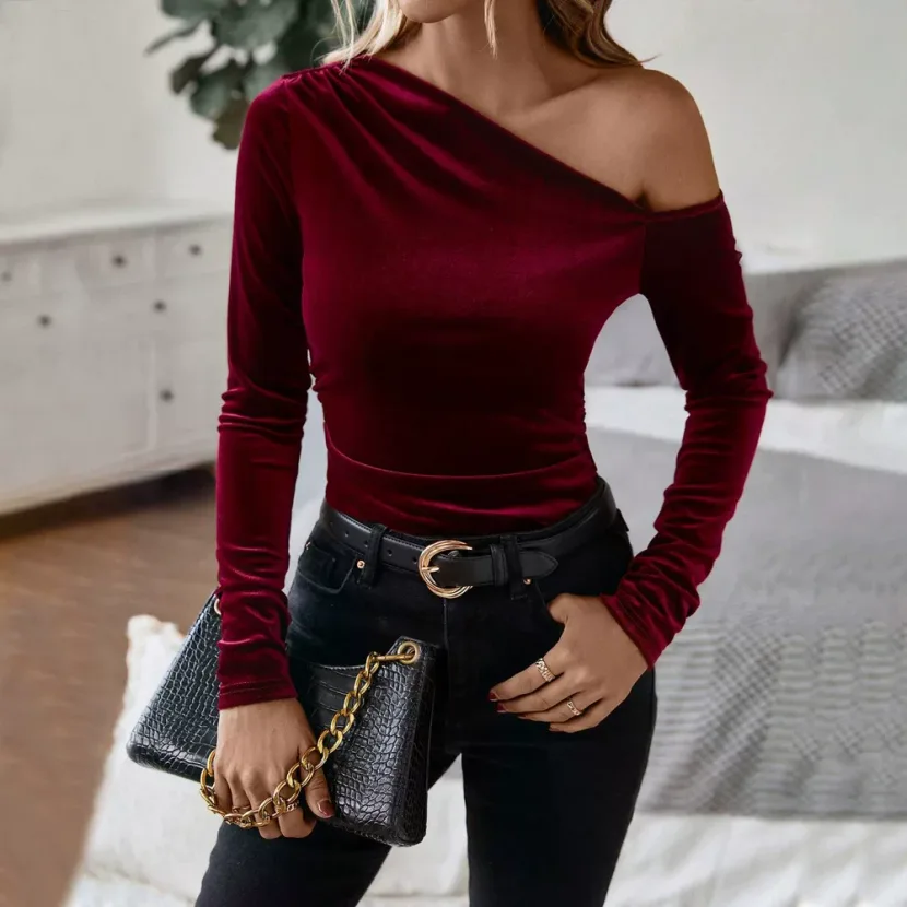 Velvet Off Shoulder Top Slim Fit Long Sleeve Solid Color Elegant for Parties and Events Wholesal