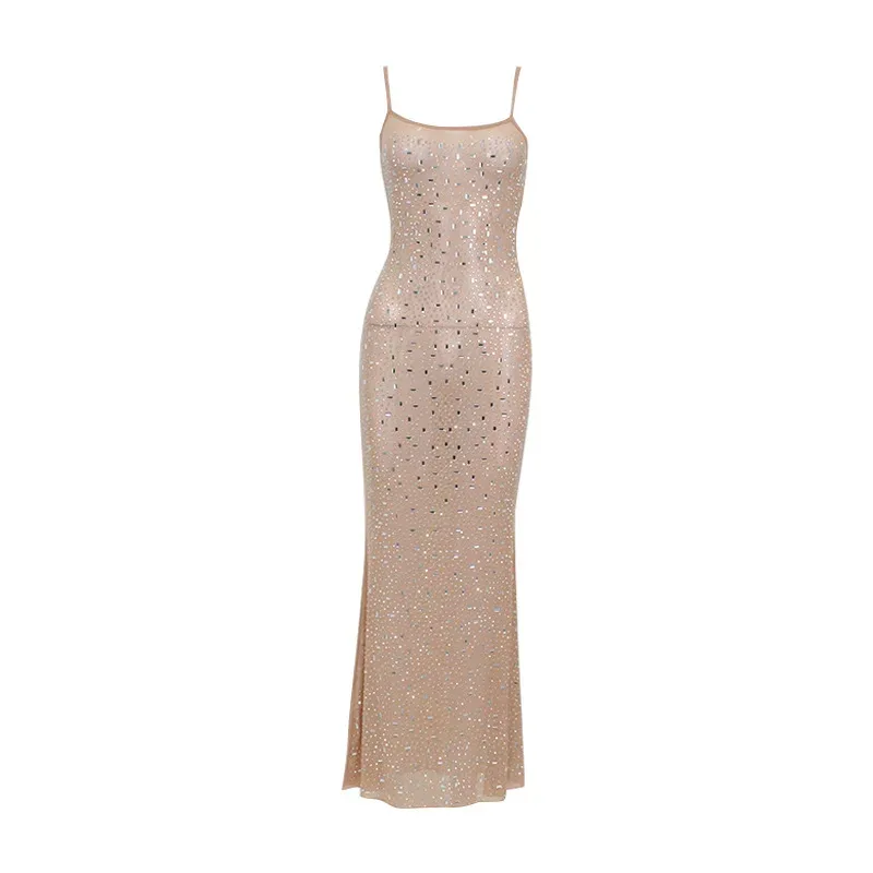 Sexy High Waisted Rhinestone Mermaid Maxi Dress Elegant Sleeveless Design Perfect for Evening Ev