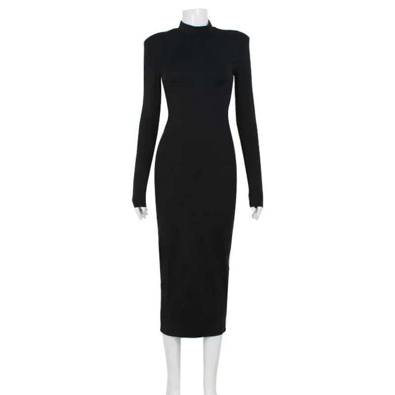 High Neck Long Sleeve Dress Slim Fit Solid Color Fashionable Design Autumn Wear for Women Wholes