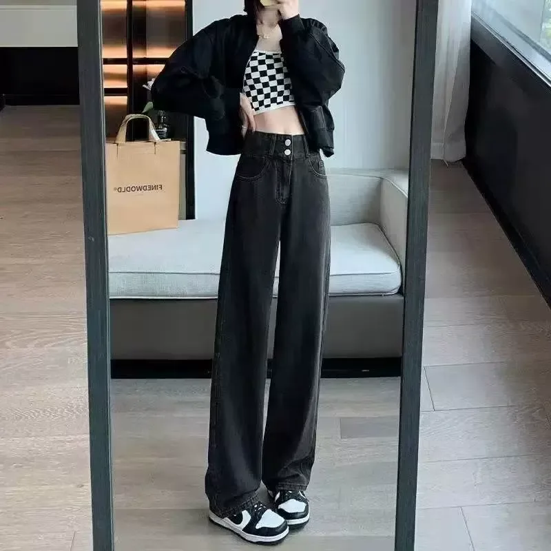 跨境阔腿牛仔裤女2023春季新款韩版高腰宽松显瘦时尚大码直筒长裤