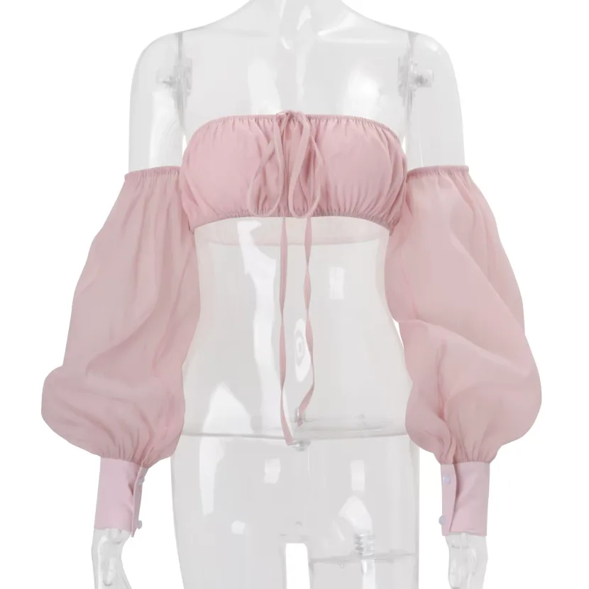 Womens Spring Fashion Top Off Shoulder Lantern Sleeves Cropped Length Trendy Sweet and Spicy Sty