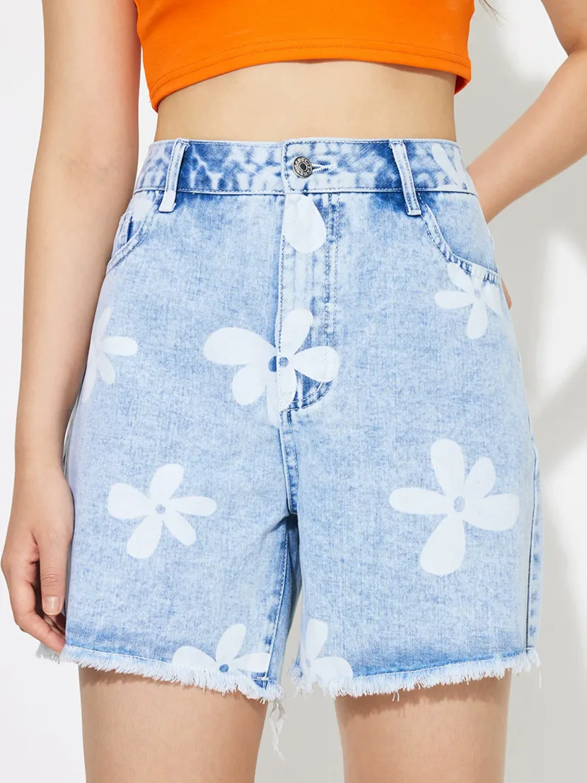 Loose Fit Floral Print Denim Shorts Womens Casual Summer Wear Stylish and Comfortable Wholesale