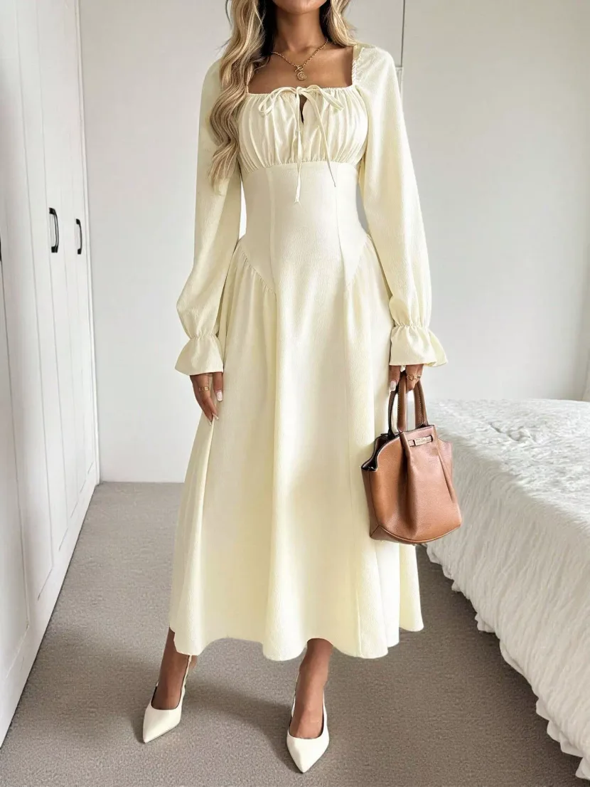 Womens A Line Long Sleeve Dress Square Neck Tie Waist Pleated Flattering Fit Elegant Casual Wear