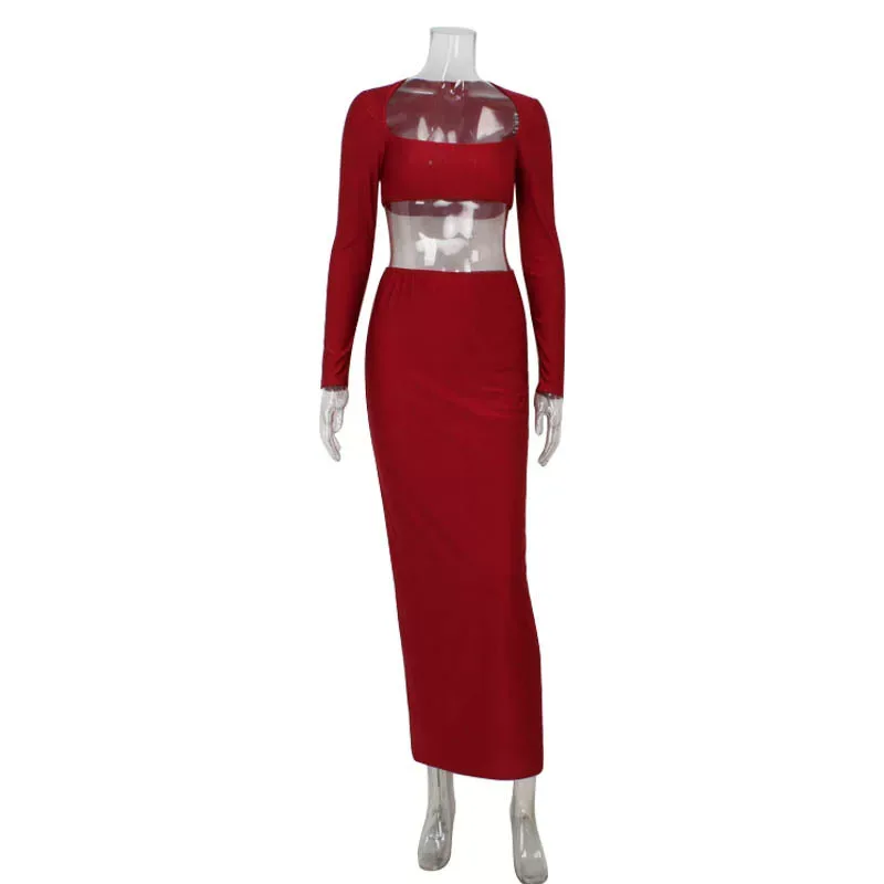 Chic Two Piece Set Strapless Crop Top Long Sleeve High Waist Bodycon Skirt Evening Wear Party Ou