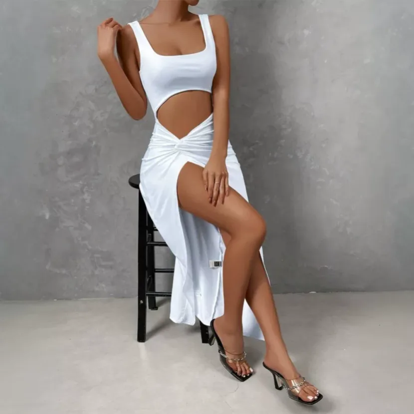 Sleeveless Midi Dress Simple Solid Color Hollow Out Design Slim Fit Spring Summer Fashion Wholes