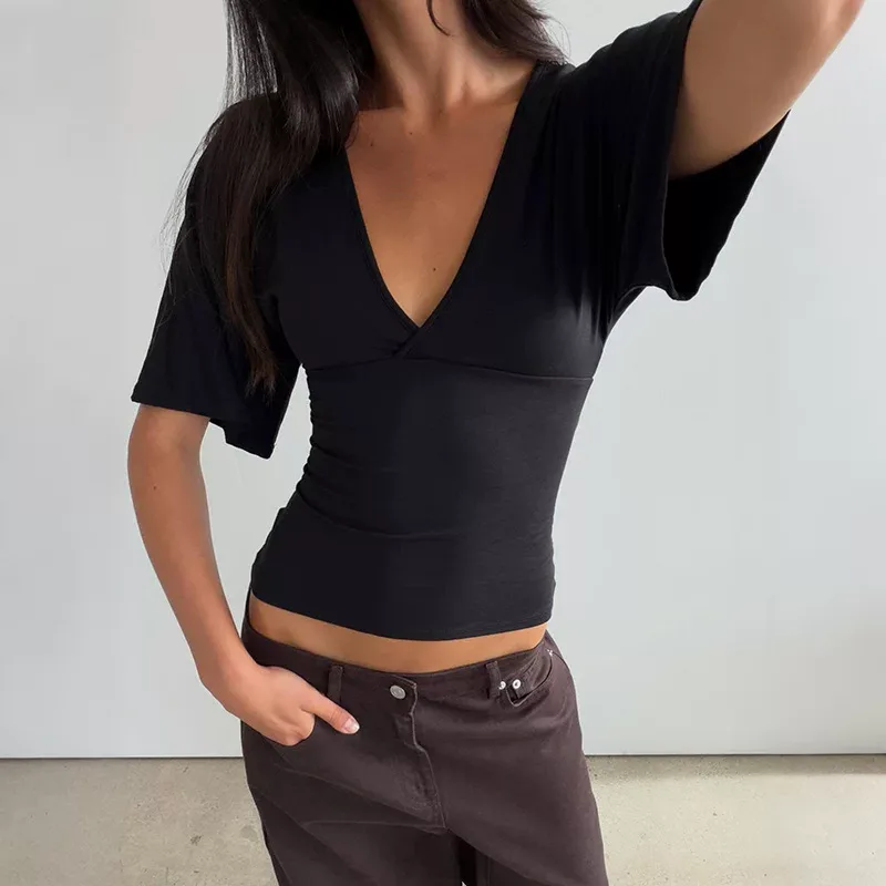 Womens Summer T Shirt Solid Color Slim Fit Deep V Neck Short Sleeve Versatile Casual Wear Wholes
