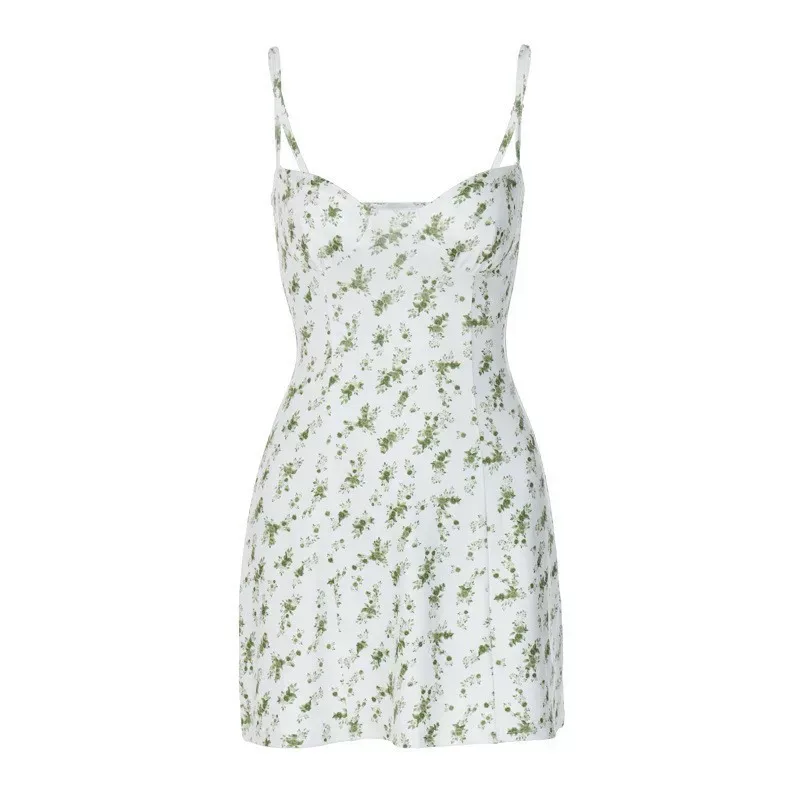 Summer Floral A Line Dress Low Cut Neckline Sleeveless Fresh Style Perfect for Casual Outings Wh