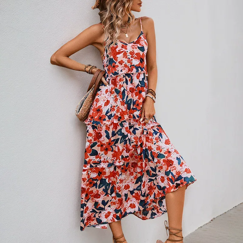 Summer Vacation Dress Casual Beach Style Floral Print Sleeveless Comfortable Fabric Wholesale Av