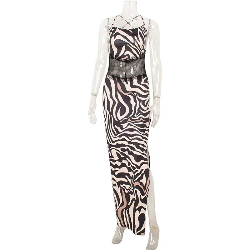 Summer Fashion Tiger Print Backless Mesh Spliced Maxi Dress High Slit Casual Beachwear Wholesale