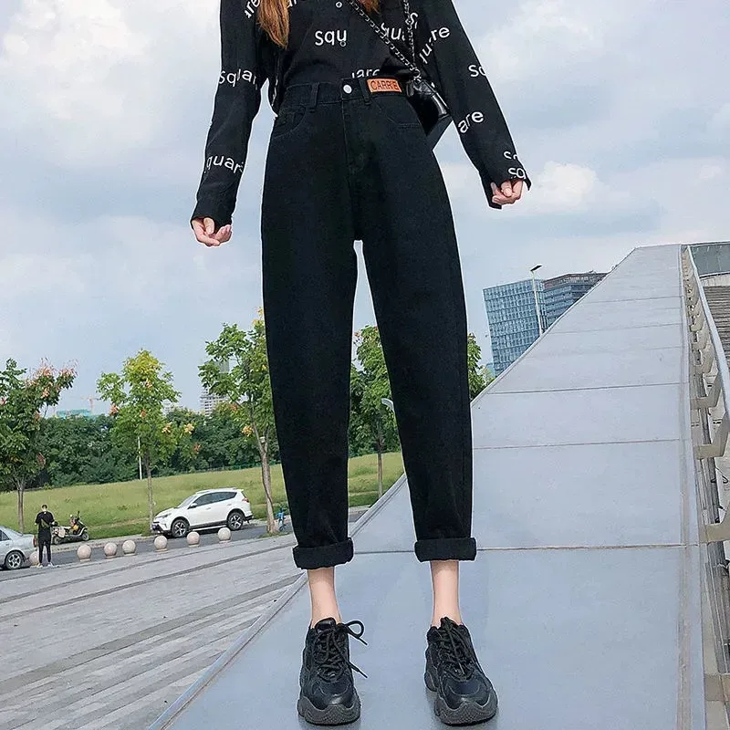 老爹牛仔裤女2023春秋新款学生高腰显瘦小个子直筒宽松萝卜哈伦裤