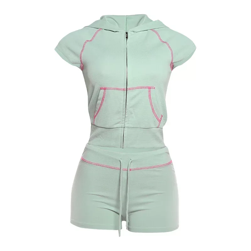 Womens Summer Casual Outfit Set Zipper Hoodie Short Sleeve Top with Drawstring Shorts Available in Green Gray Blue Wholesale