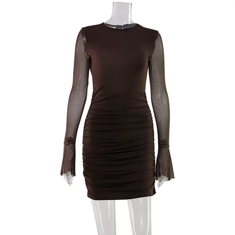 Sexy Womens Hollow Back Mesh Panel Bodycon Mini Dress Lightweight Slim Fit Pleated Design Perfec