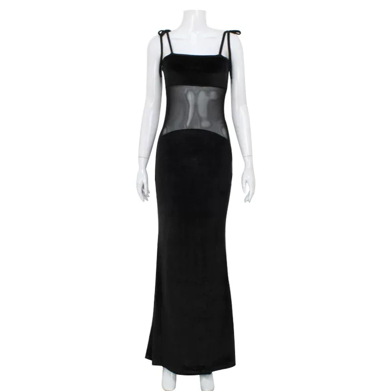 Sheer Mesh Panel Bodycon Dress Sexy Low Cut Sleeveless Elegant Style Perfect for Parties and Spe