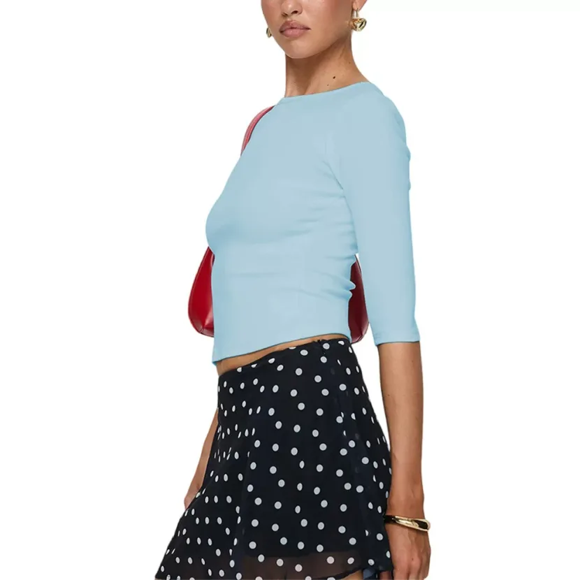 Slim Fit Light Blue Cropped Top 3 4 Sleeve Solid Color Sweet Style Spring Summer Womens Fashion