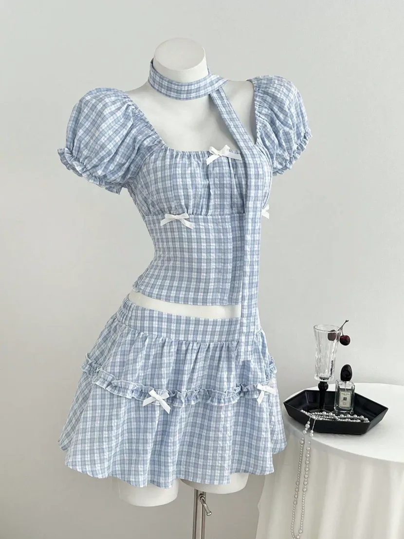 Womens Summer Plaid Puff Sleeve Shirt and A Line Skirt Set in Blue Casual Fashion