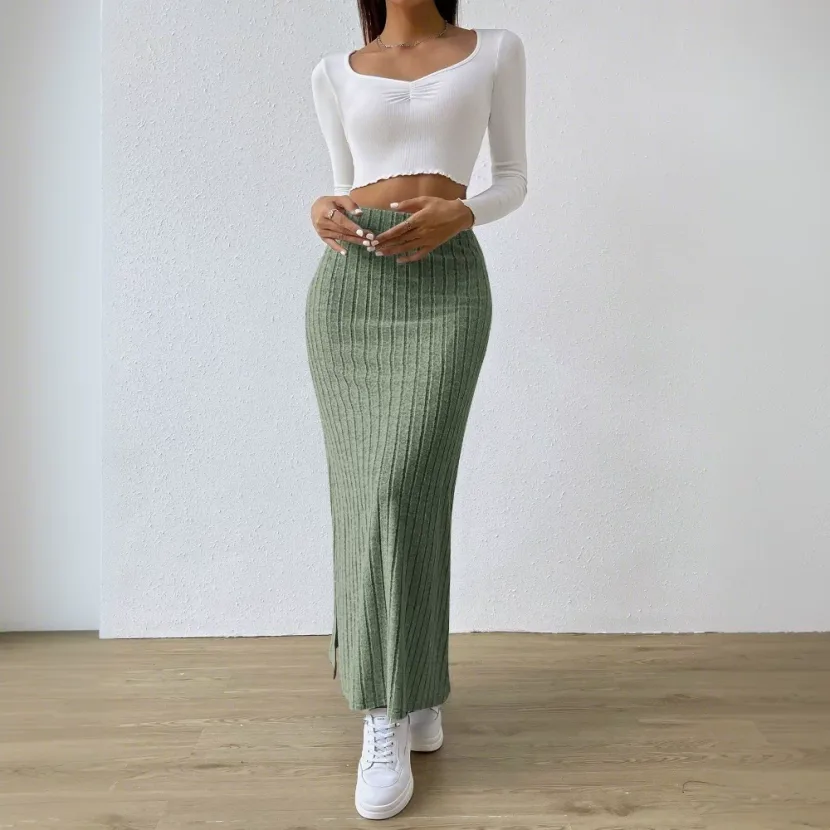 Elegant High Waisted Midi Skirt Simple Design Side Slit Slim Fit Spring Summer Womens Fashion Wh