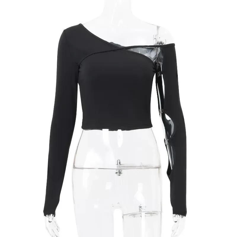 Womens Long Sleeve T Shirt Sexy Irregular Asymmetrical Neckline Hollow Out Design Slim Fit Autum