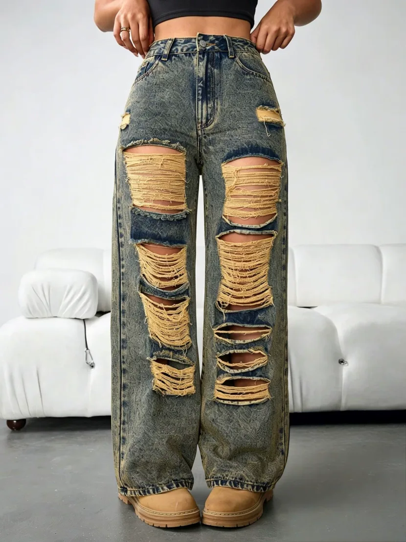 Vintage Distressed Wide Leg Womens Jeans Loose Fit Casual Style Perfect for Everyday Wear Ready