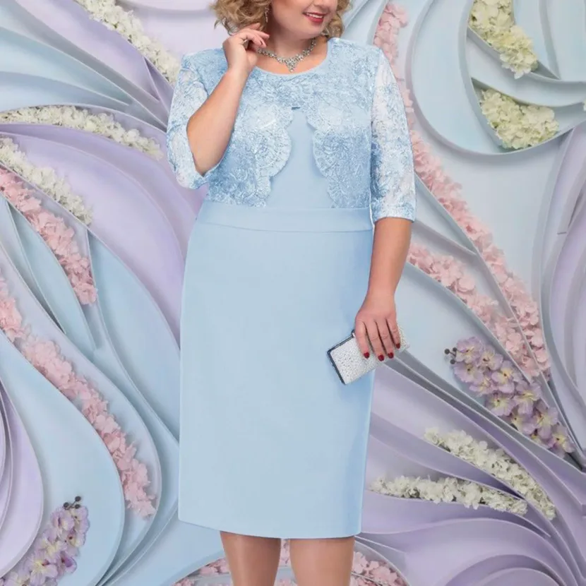 Plus Size Womens Dress Lace Panel Short Sleeve Two Piece Look Elegant Occasion Wear Wholesale Av