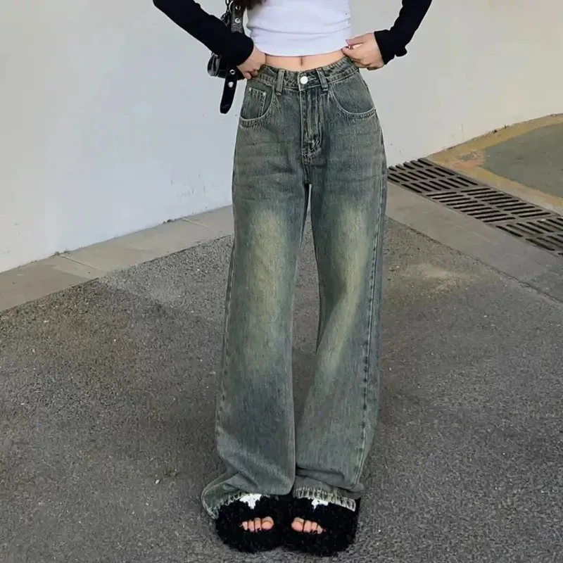 港风复古做旧直筒牛仔裤女秋季小个子高腰显瘦垂感拖地阔腿长裤潮