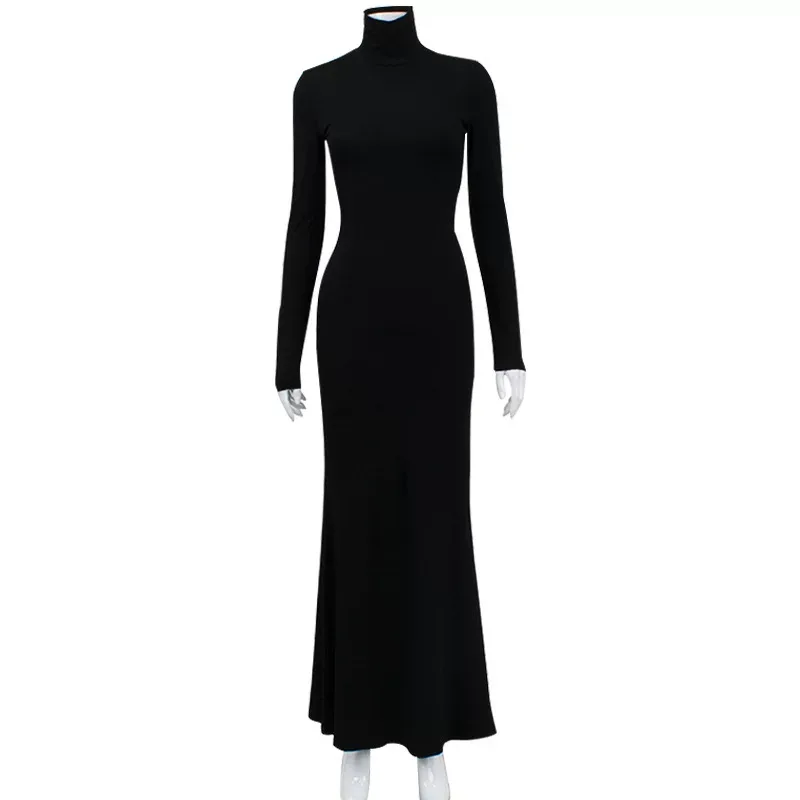 High Neck Long Sleeve Bodycon Dress Elegant Solid Color High Waist Slim Fit Perfect for Autumn a