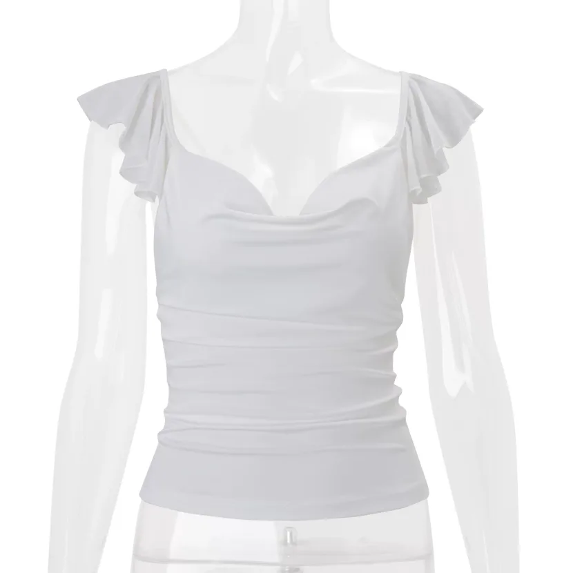 Spring Womens Slim Fit V Neck Crop Top Ruffle Hem Solid Color Sexy Style Versatile for Casual or