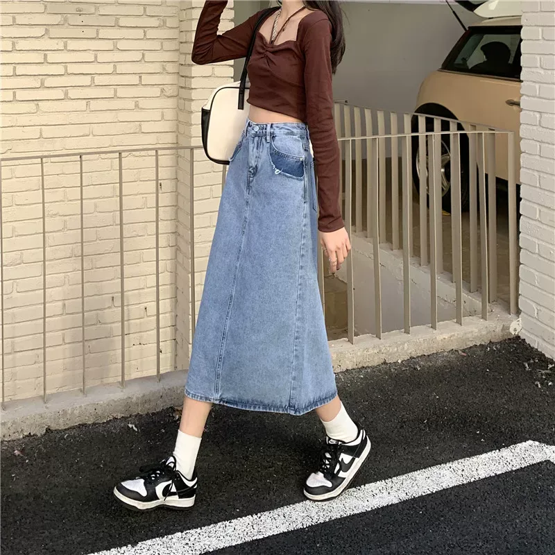 跨境复古开叉牛仔半身裙女春季2024新款高腰遮跨中长款a字包臀裙